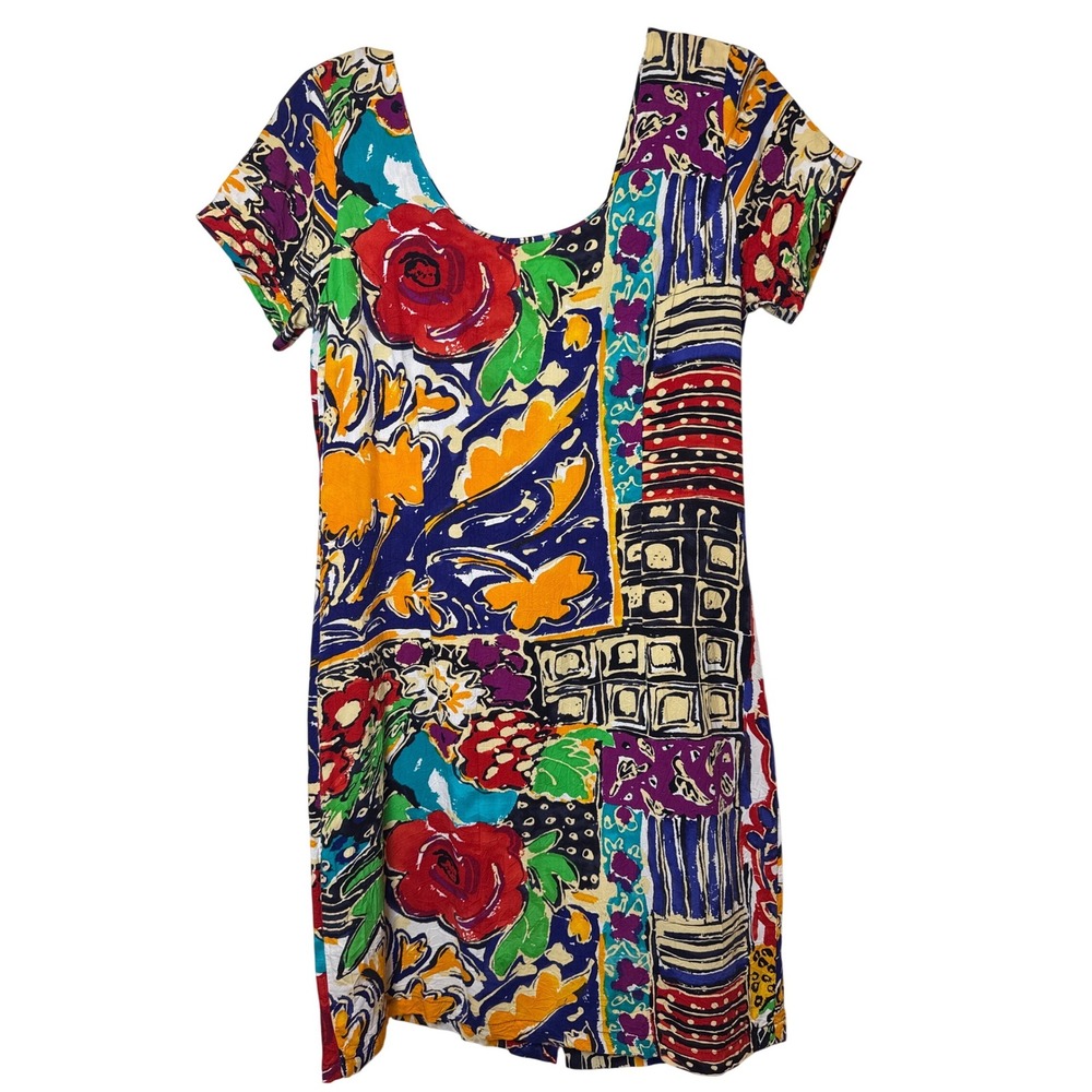 Jams World Vintage 90s Abstract Floral Patchwork Rayon Shift Mini Dress Size 11